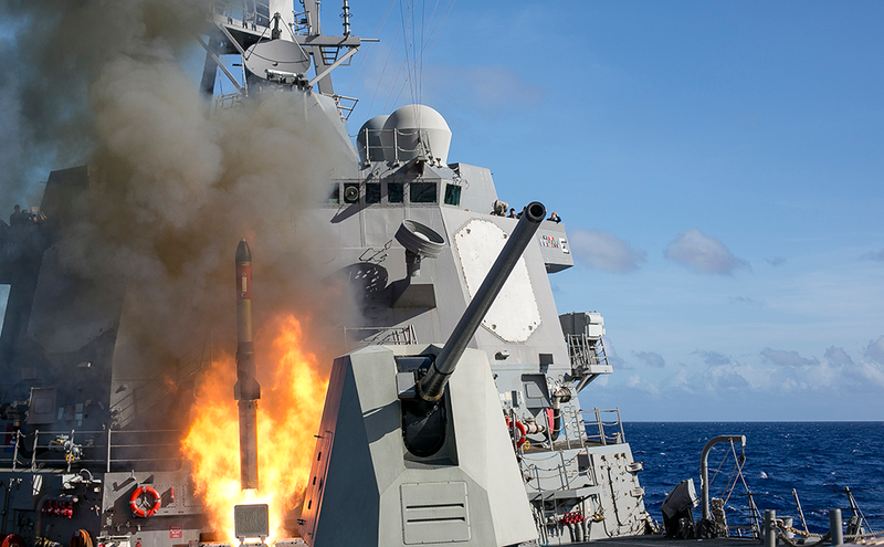 USS Mustin (DDG-89) launches an RUM-139 ASROC anti-submarine weapon from its forward VLS. US Navy photo.
